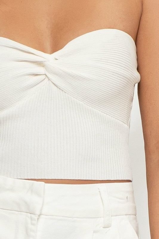 close up view Ivory Strapless Twist Front Crop Top 