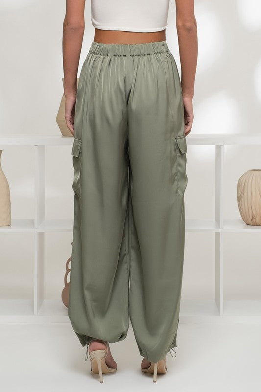 back of the Olive Satin Cargo Jogger Pants