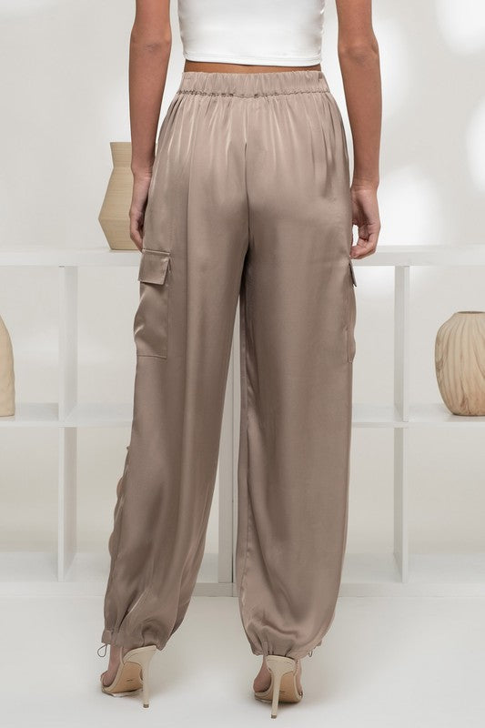 back of the Taupe Satin Cargo Jogger Pants