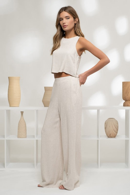model is wearing Oatmeal Wide Leg Pants with matching top 