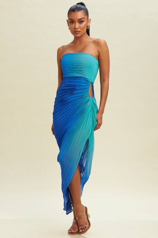 Blue and Aqua ombre cut out dress with pleats