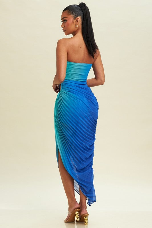 pleated Blue and Aqua ombre cut out dress with high low slit