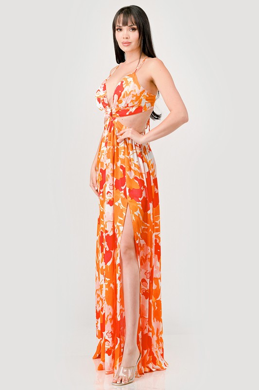 side front of the Orange Multi Floral Relaxed Maxi Dress