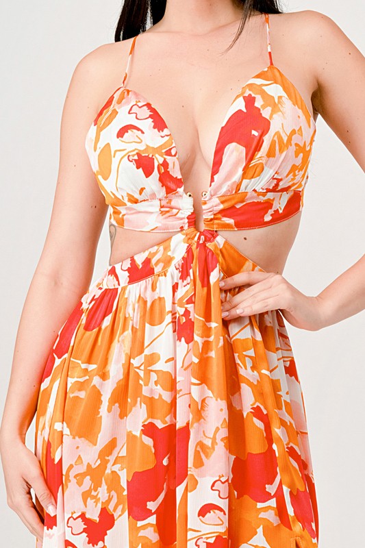 close up view of the Orange Multi Floral Relaxed Maxi Dress