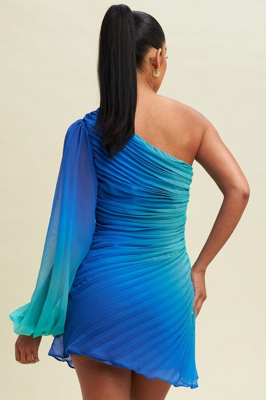 Blue and aqua one long sleeve pleated dress