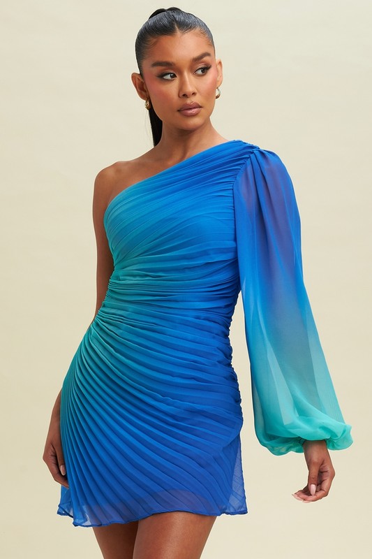Blue and aqua Ombre Pleated short Dress short