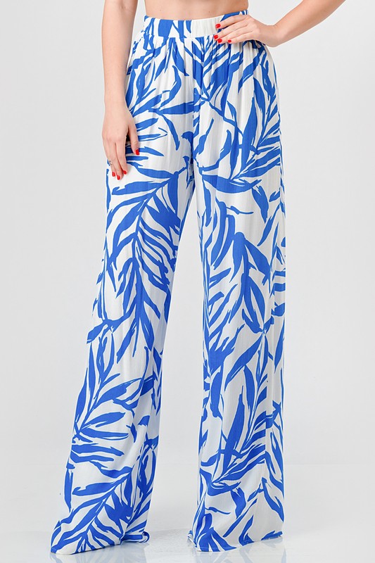Blue Satin Leaf Print Pants Set