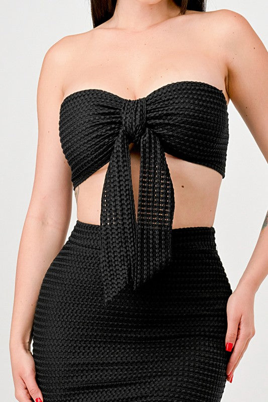 close up view Black Fishnet Textured Bow Tie Skirt Set