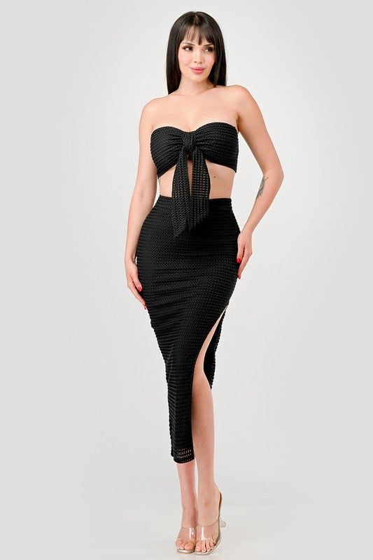 Black Fishnet Textured Bow Tie Skirt Set