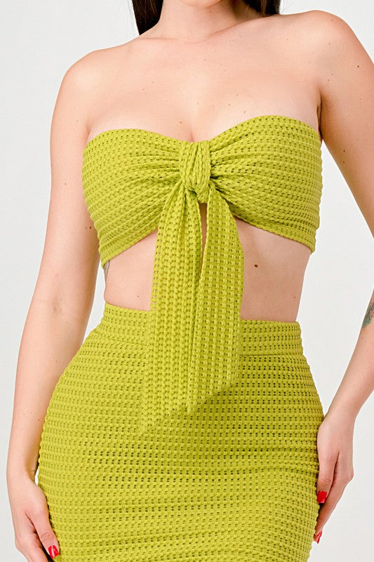 Kiwi Fishnet Textured Bow Tie Skirt Set 