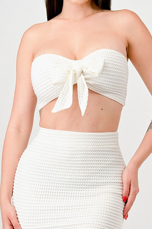 Off White Fishnet Textured Bow Tie Skirt Set