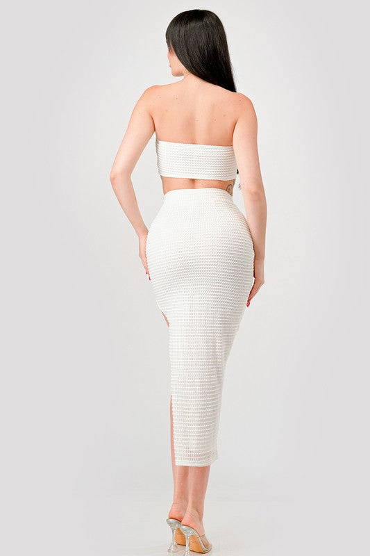 back of the Off White Fishnet Textured Bow Tie Skirt Set