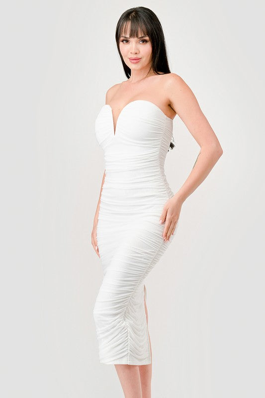 White Luxe Mesh Off Shoulder Midi Dress