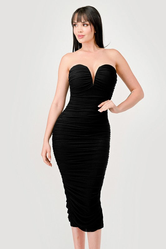 model is wearing Black Luxe Mesh Off Shoulder Midi Dress