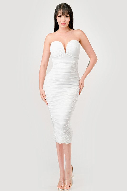 White Luxe Mesh Off Shoulder Midi Dress
