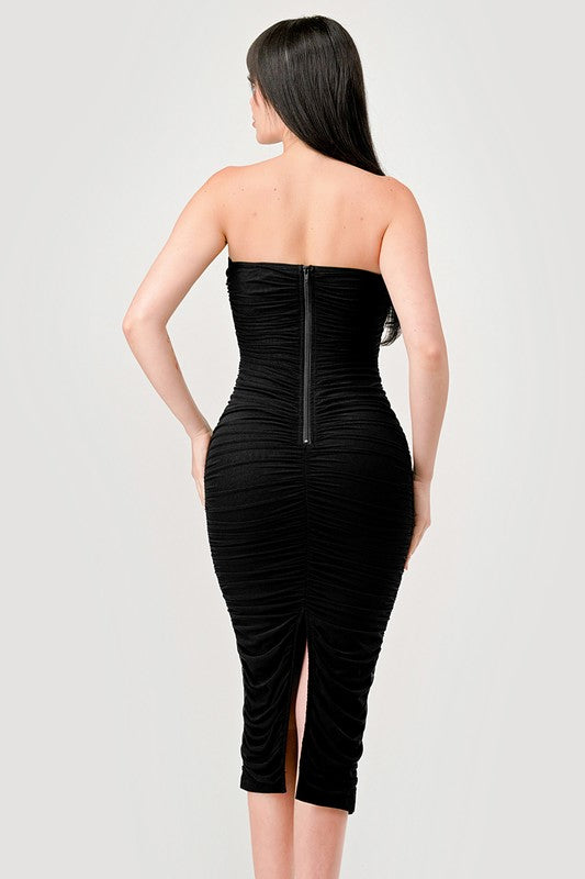 back of the Black Luxe Mesh Off Shoulder Midi Dress