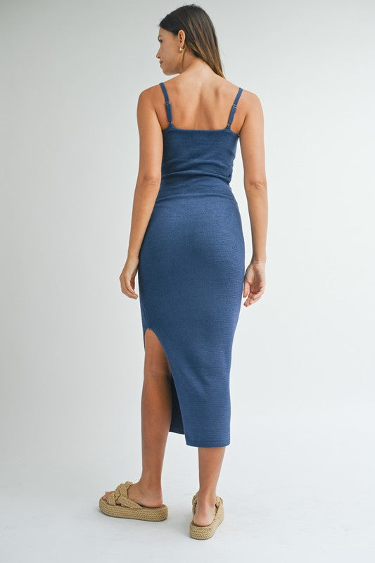 back of the Navy Knit Bodycon Front Cutout Midi Dress