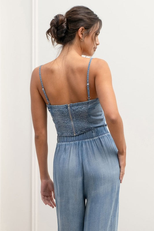 back of the Chambray Washed Crop Corset Top