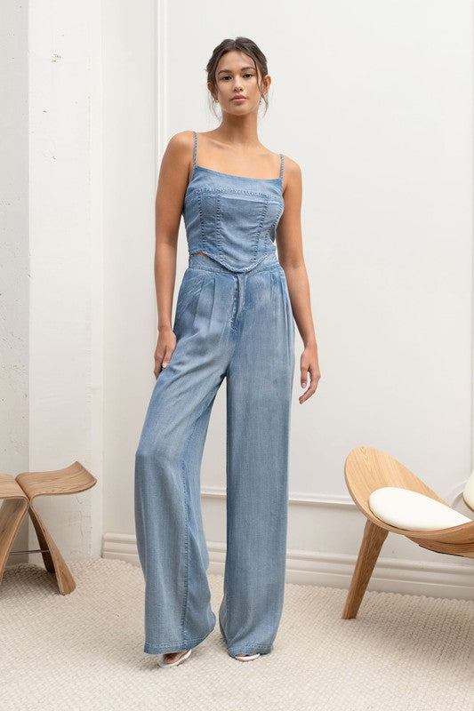 model is wearing Chambray Washed Crop Corset Top 