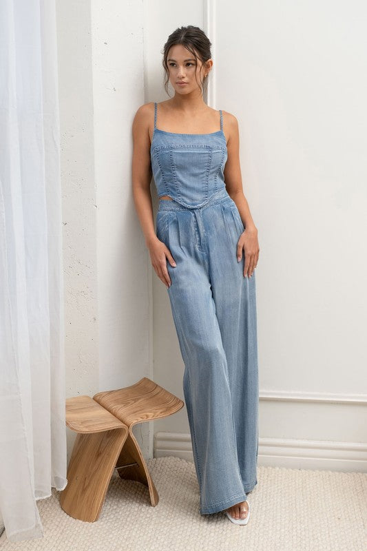 model is wearing Chambray Washed Crop Corset Top with matching pants