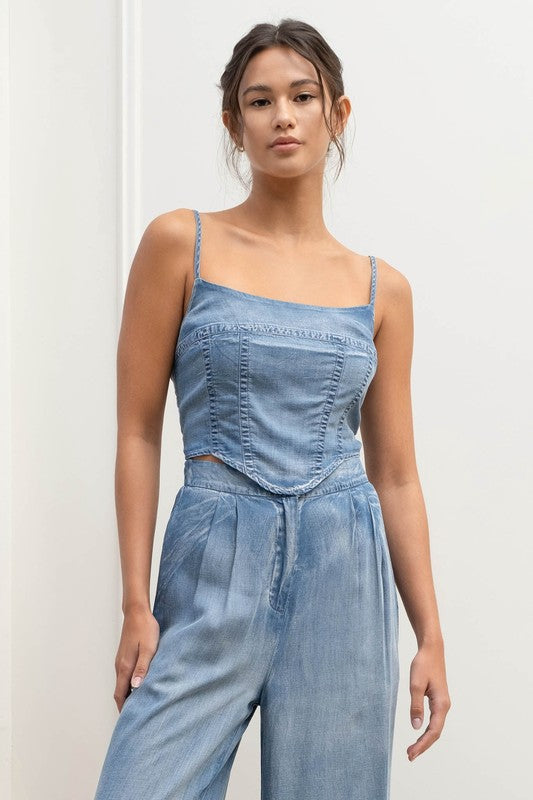 model is wearing Chambray Washed Crop Corset Top
