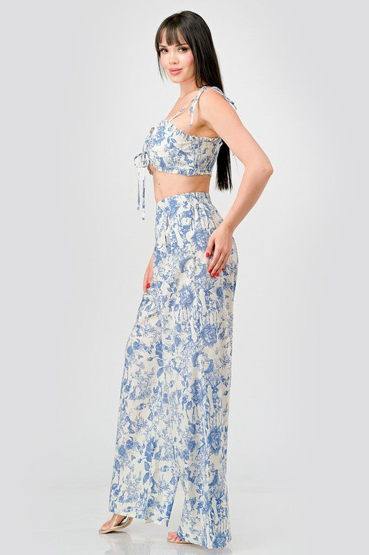 side of the Blue Luxe Floral Poplin Pants Set