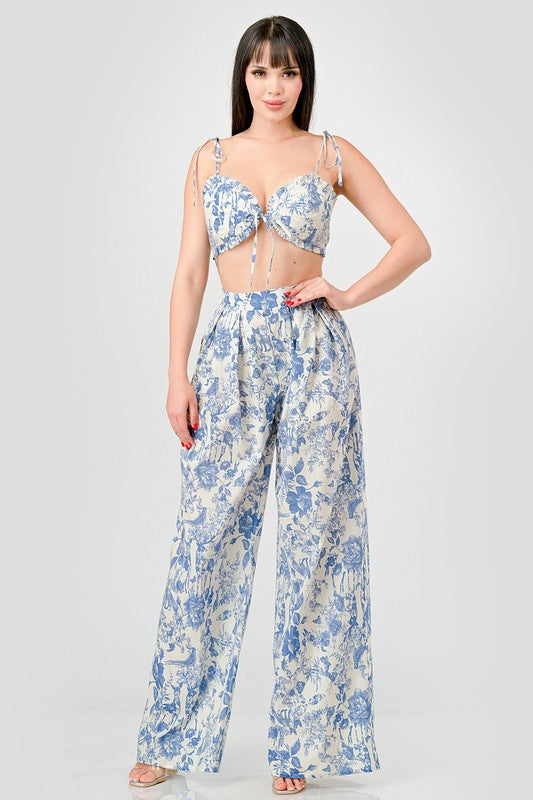model is wearing Blue Luxe Floral Poplin Pants Set