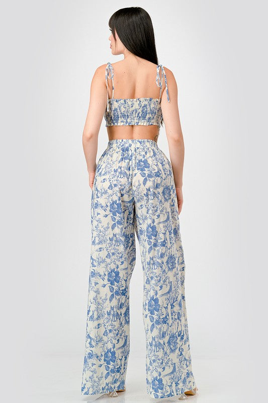back of the Blue Luxe Floral Poplin Pants Set