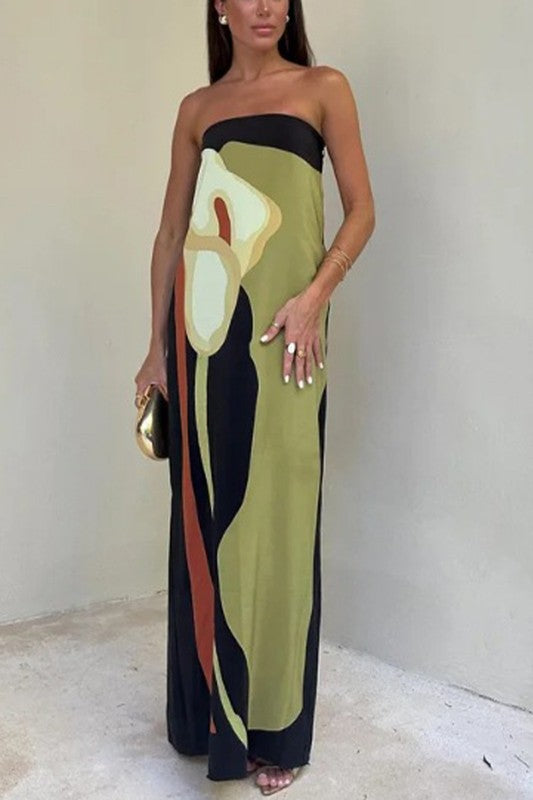 model is wearing Green Sleeveless Plant Print Maxi Dress