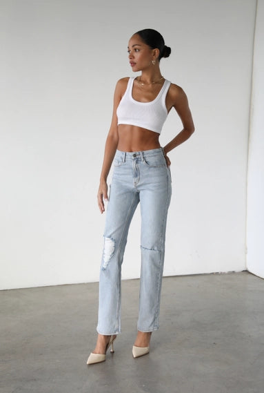 STYLED BY ALX COUTURE MIAMI BOUTIQUE Light High Rise Straight Denim Jeans with ripped leg detail