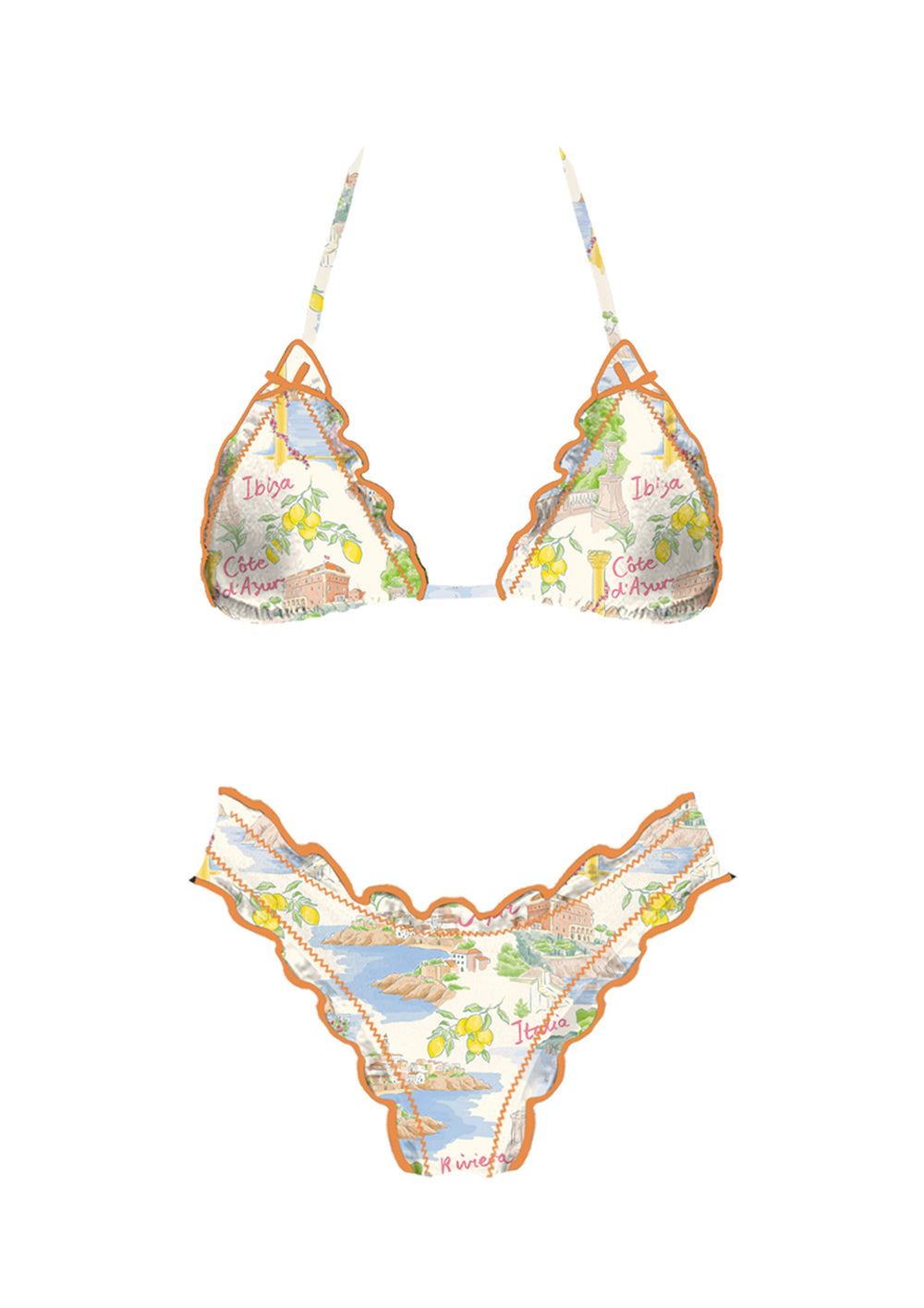 A two-piece bikini set featuring a toile-style print with a light blue and cream background, orange scalloped trim, and multicolored illustrations of figures and landscapes. The top has triangle cups with thin shoulder straps, and the bottom is a high-cut thong.