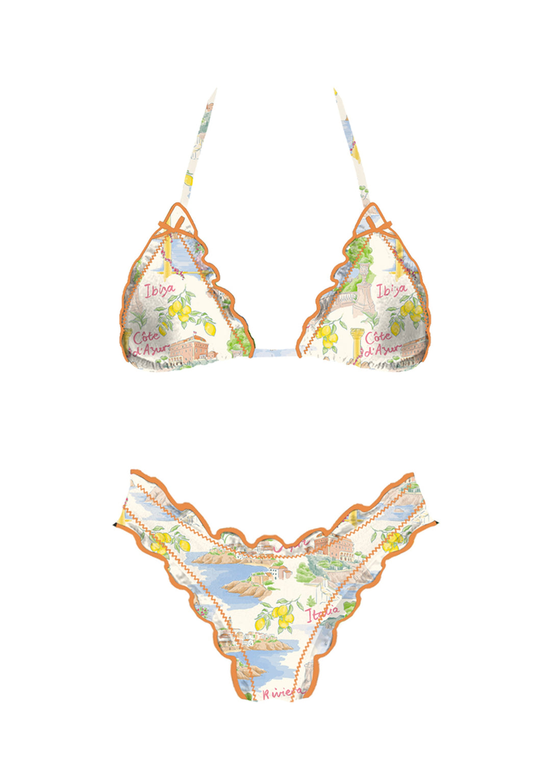 A two-piece bikini set featuring a toile-style print with a light blue and cream background, orange scalloped trim, and multicolored illustrations of figures and landscapes. The top has triangle cups with thin shoulder straps, and the bottom is a high-cut thong.