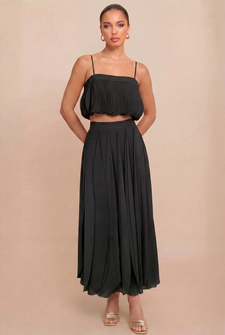 Front view of Luxxel black petal layer skirt set