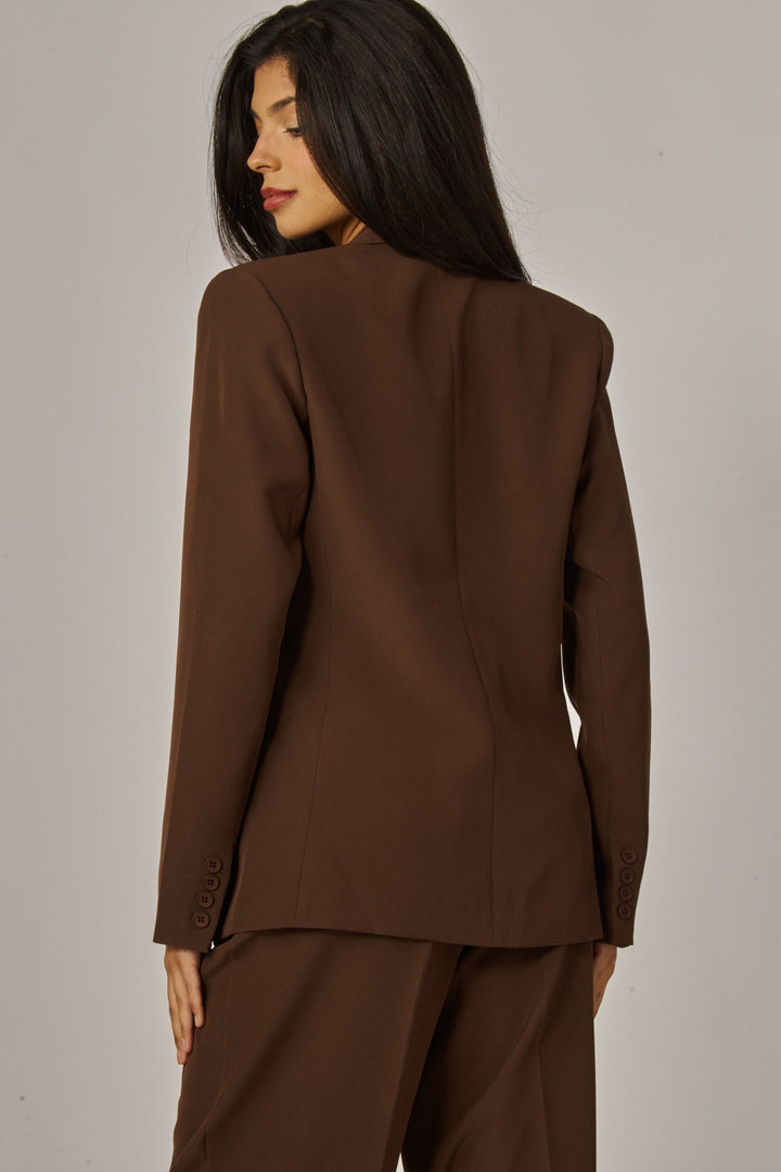 Back view of the espresso boyfriend blazer showing the relaxed oversized fit
