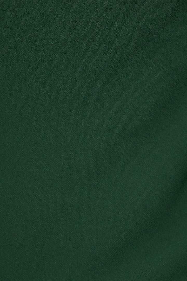 Close-up of the hunter green lightweight woven fabric of the cowl neck scarf top