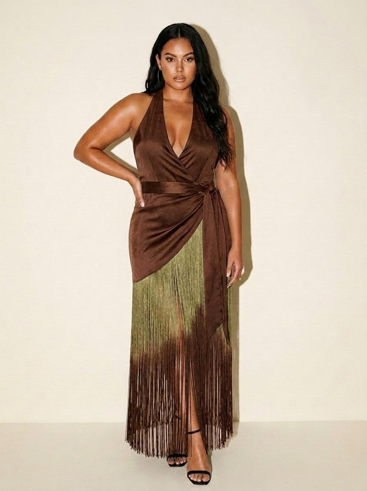 Front view of the brown ombre fringe halter dress on a curve model, a holiday party and wedding guest dress