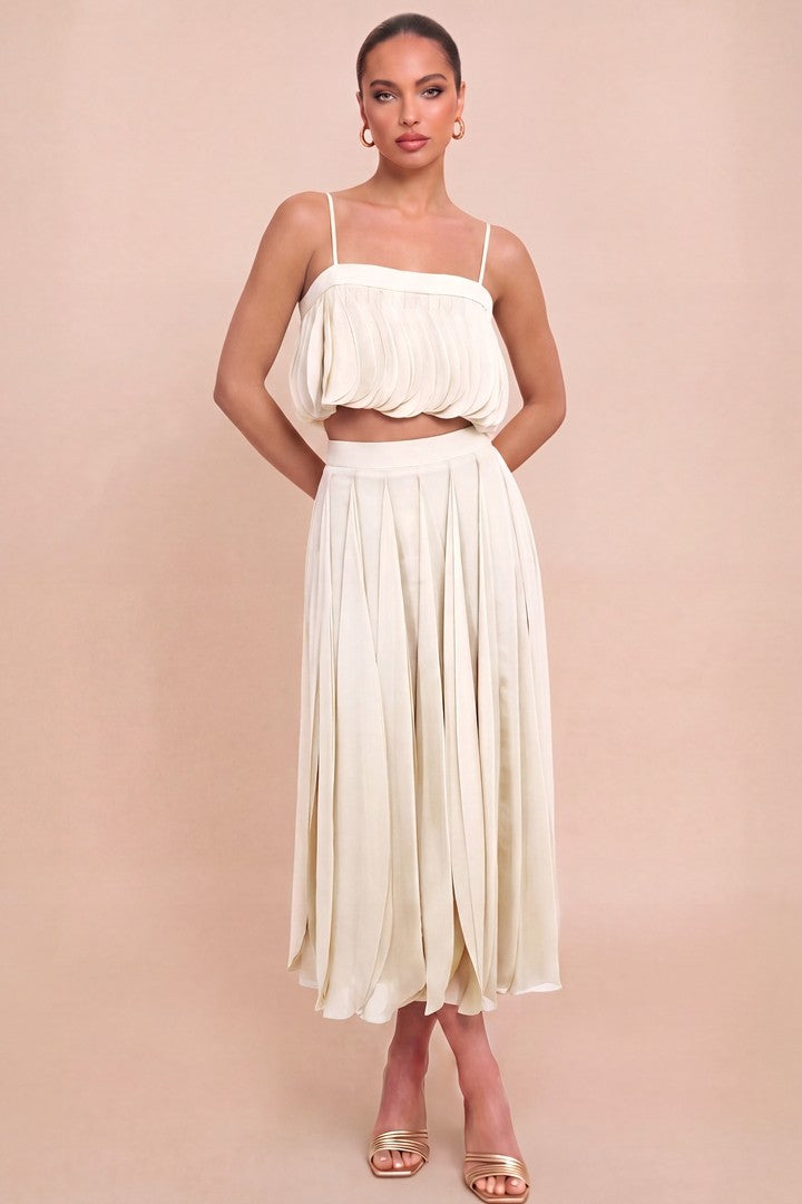 Front view of Luxxel Sand petal layer crop top and midi skirt set