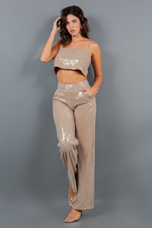 STYLED BY ALX COUTURE MIAMI BOUTIQUE Taupe Sequin Crop Top Straight Leg High Waisted Pants Set