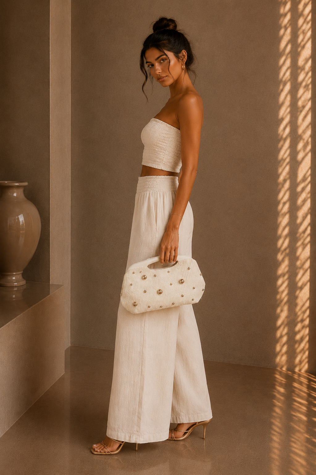 Woman in a white outfit holding a clutch against a beige wall.