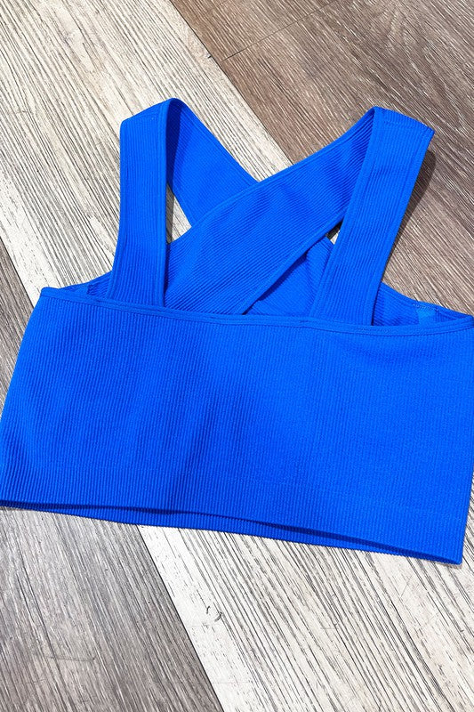 STYLED BY ALX COUTURE MIAMI BOUTIQUE Royal Blue Wired Cross Front Crop Tank
