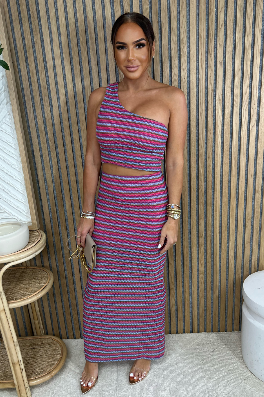 STYLED BY ALX COUTURE MIAMI BOUTIQUE Pink Multi One Shoulder Ruched Top with matching striped maxi skirt and Audrey Gold heels 