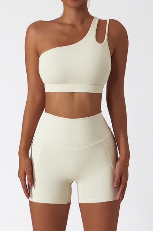 STYLED BY ALX COUTURE MIAMI BOUTIQUE Ivory Gabriella One-Shoulder Asymmetrical Cut Sports Bra