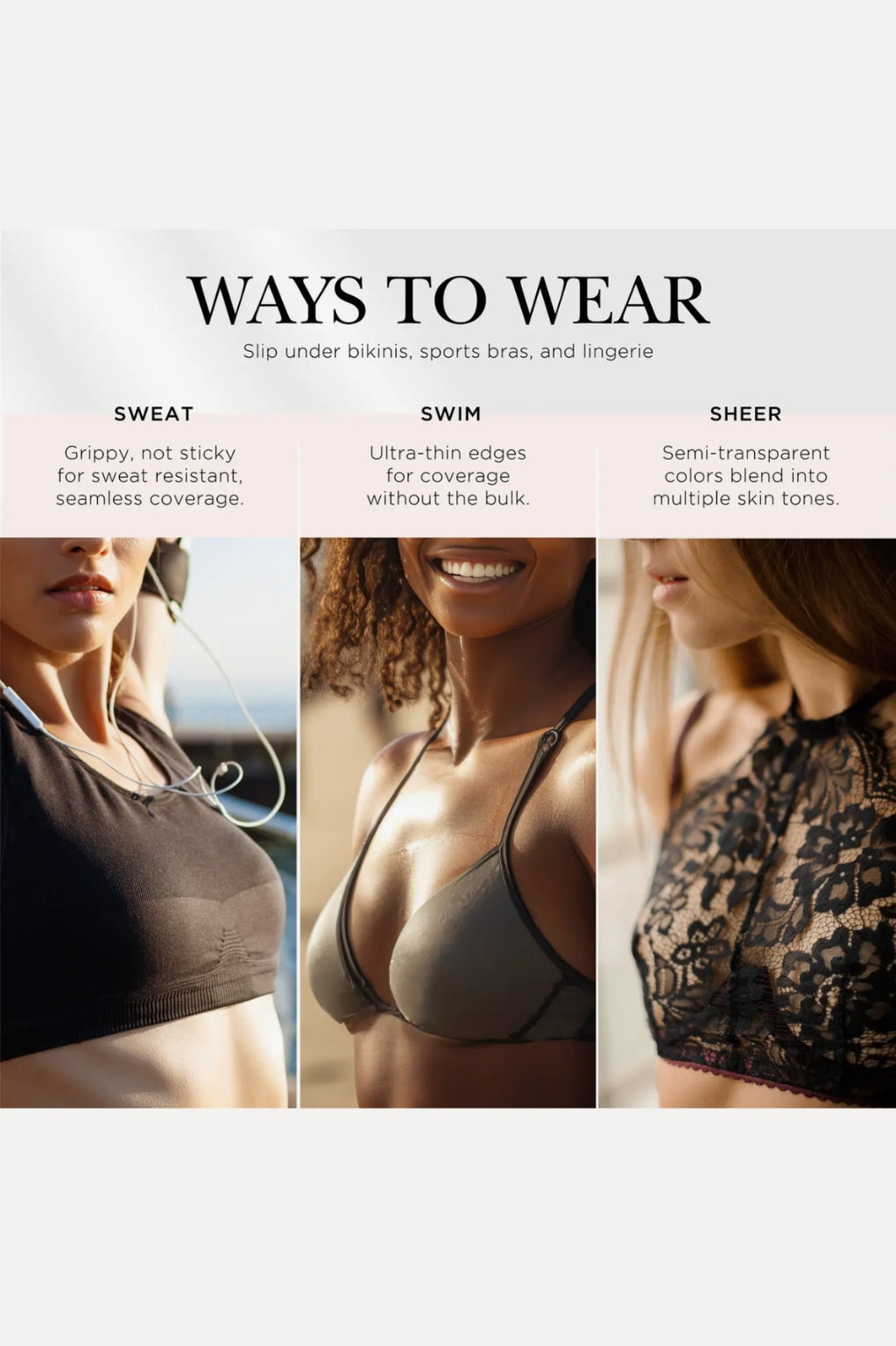 Three women wearing different types of bras with text describing their uses.