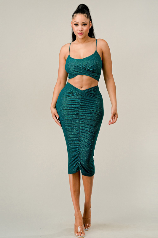 STYLED BY ALX COUTURE MIAMI BOUTIQUE Black Glitter Twist Crop Top Midi Skirt Set