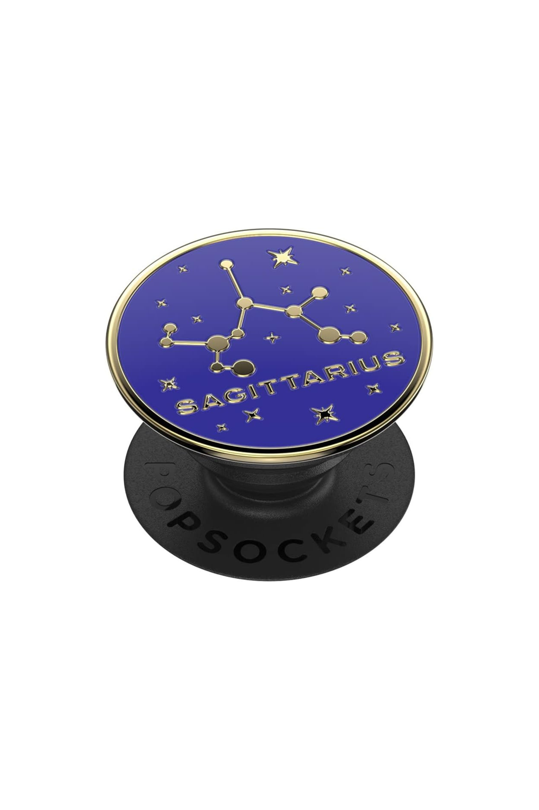A PopSocket phone grip featuring a circular blue enamel top with a gold-etched Sagittarius constellation design and stars, mounted on a black textured base.