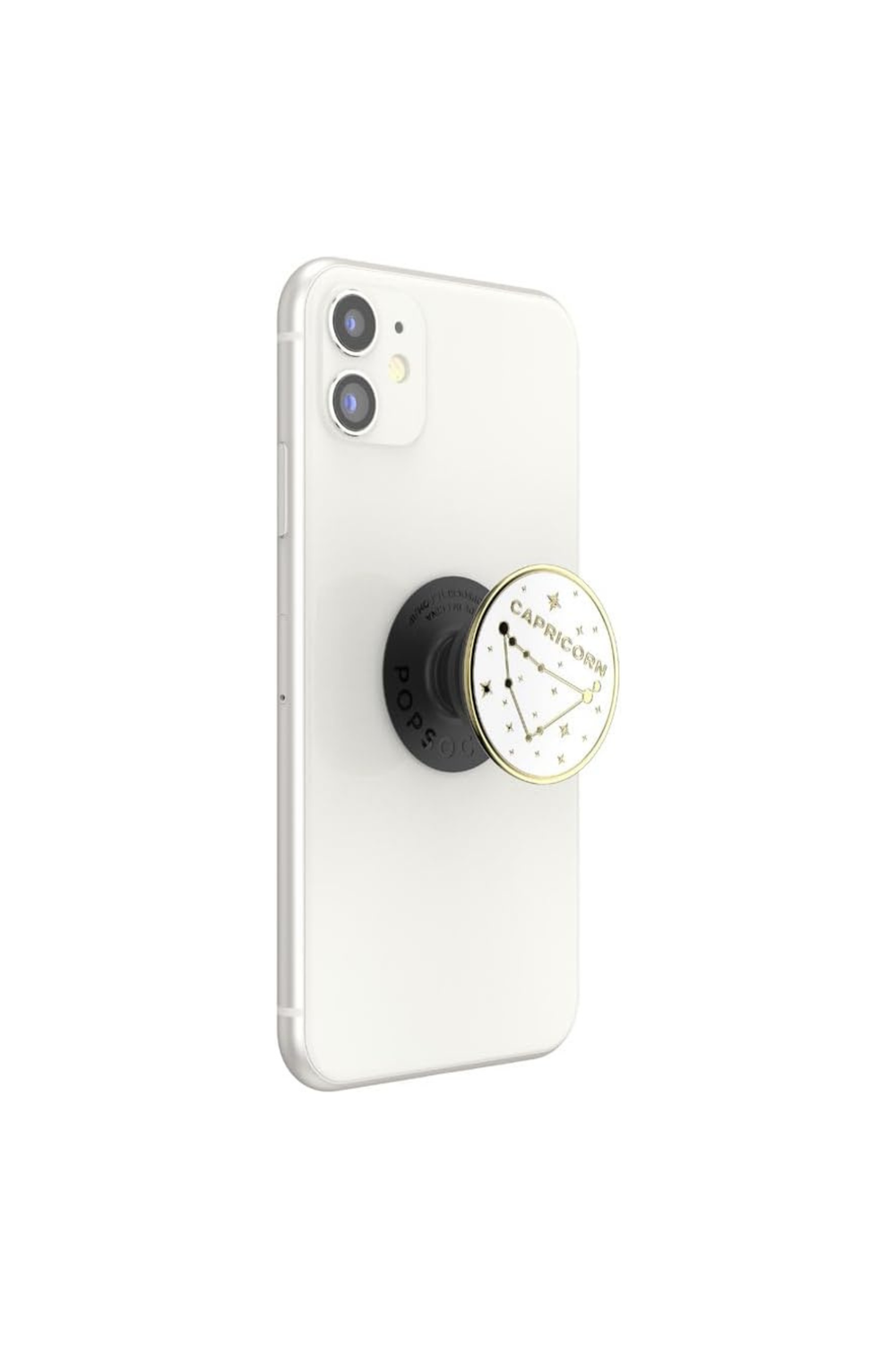 A white smartphone shown from the back with a black pop socket attached near the lower center. The pop socket has a circular dial with a gold-toned rim and a white face featuring black markings and the visible brand text 'Casetify'.