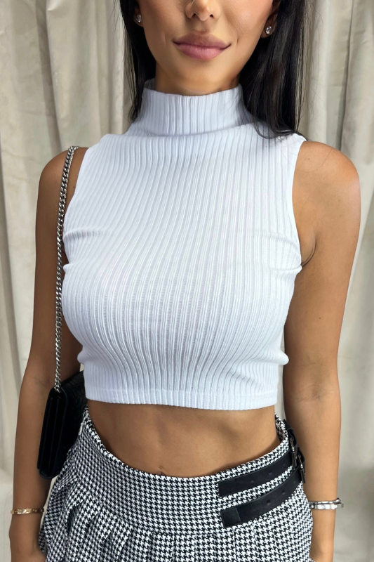 White Ribbed Seamless Mock Neck Crop Top