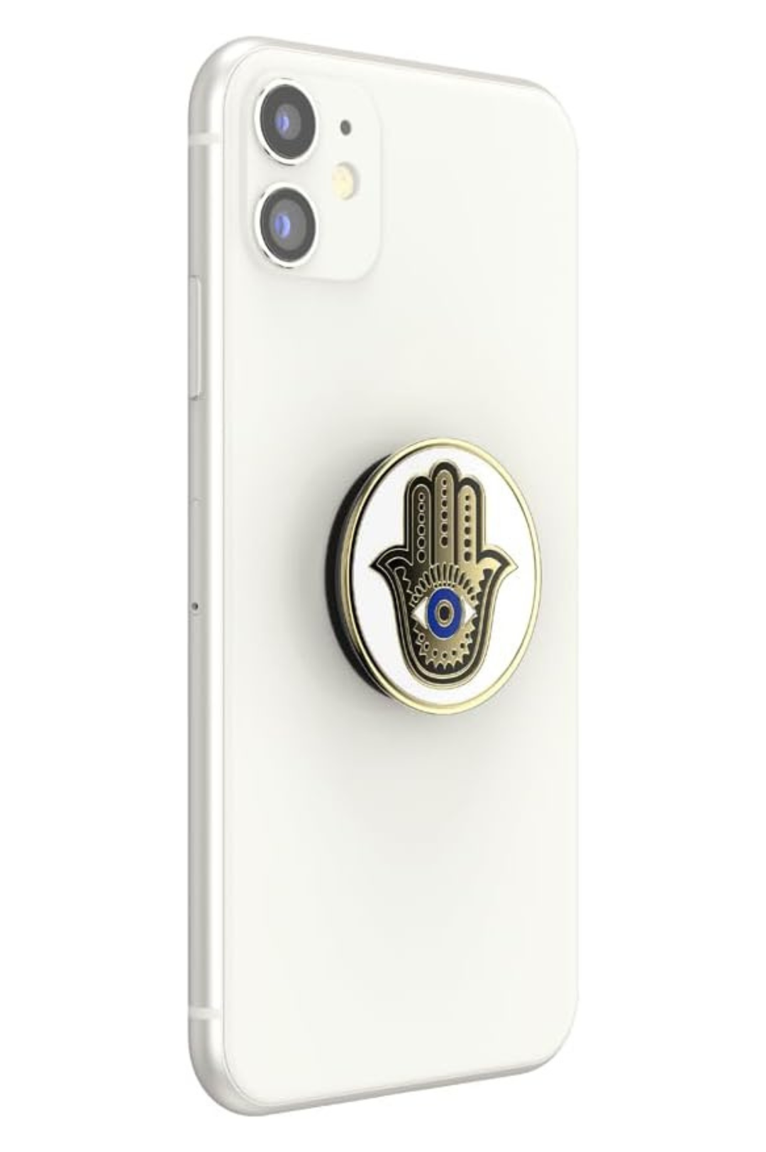 A white smartphone case with a circular pop socket on the back featuring a gold and black hamsa hand design with a blue evil eye detail, shown on a white background.