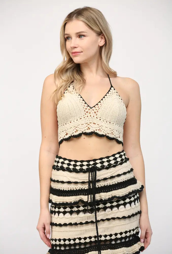 STYLED BY ALX COUTURE MIAMI BOUTIQUE Ivory Black Crochet Halter Neck Crop Top *PRE*