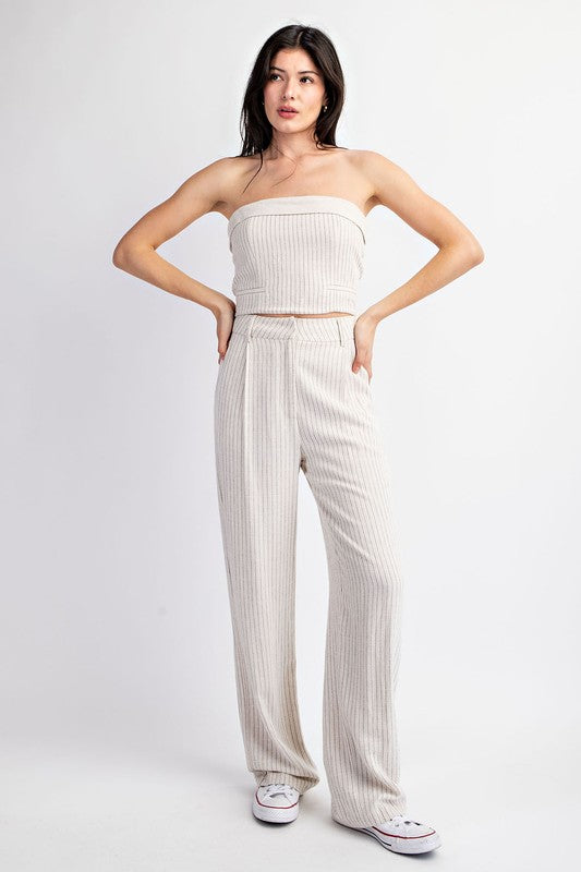 model is wearing Natural Striped Linen Tube Top with matching pants